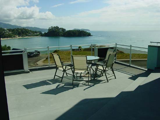 View of deck with kaiteriteri beach in background